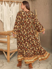 Plus Size Printed V-Neck Balloon Sleeve Dress 