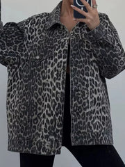 Leopard Button Up Long Sleeve Denim Top 
