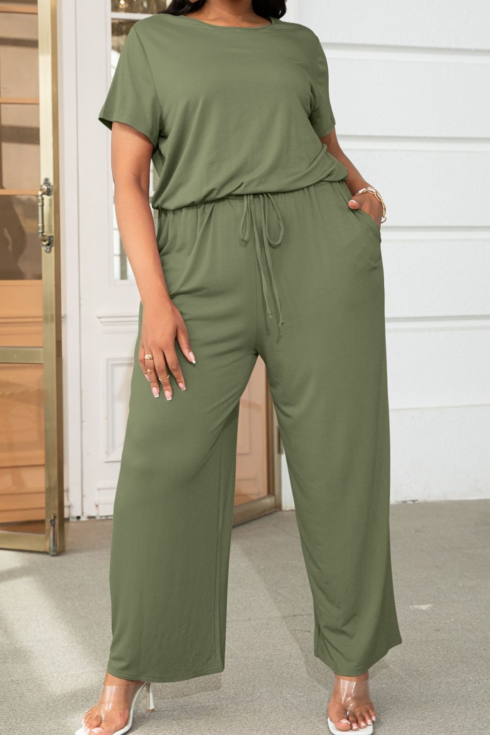 Plus Size Drawstring Waist Short Sleeve Jumpsuit 