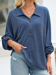Oversized Twist Ribbed Collared Henley Top with Roll Up Sleeve 