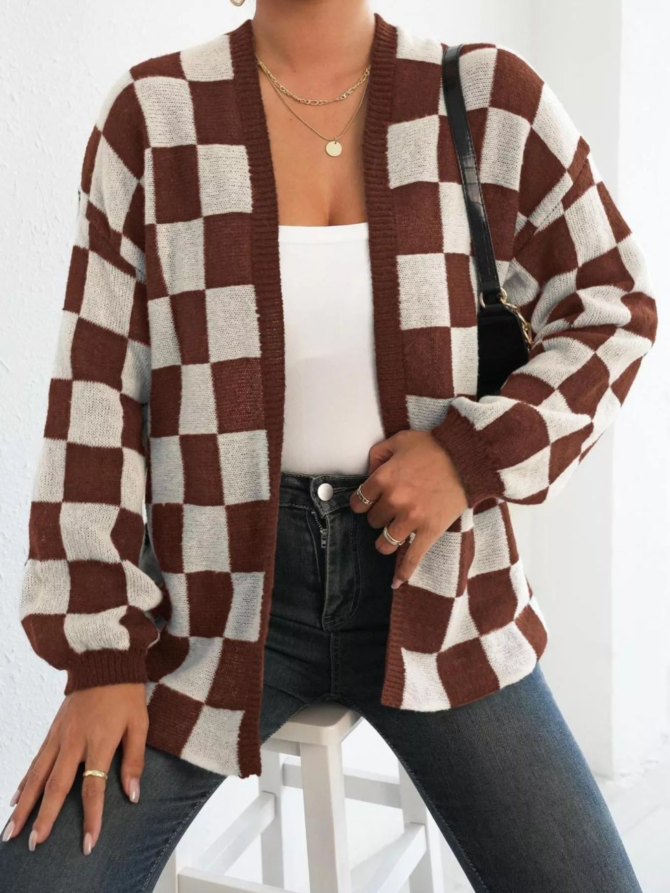 Checkerboard Pattern Open Front Knit Cardigan 