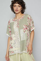 POL Lace Round Neck Short Sleeve Floral Pattern Top with Patch Detail 