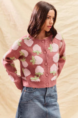 SO ME Strawberry Fruit All Over Button Sweater Cardigan 