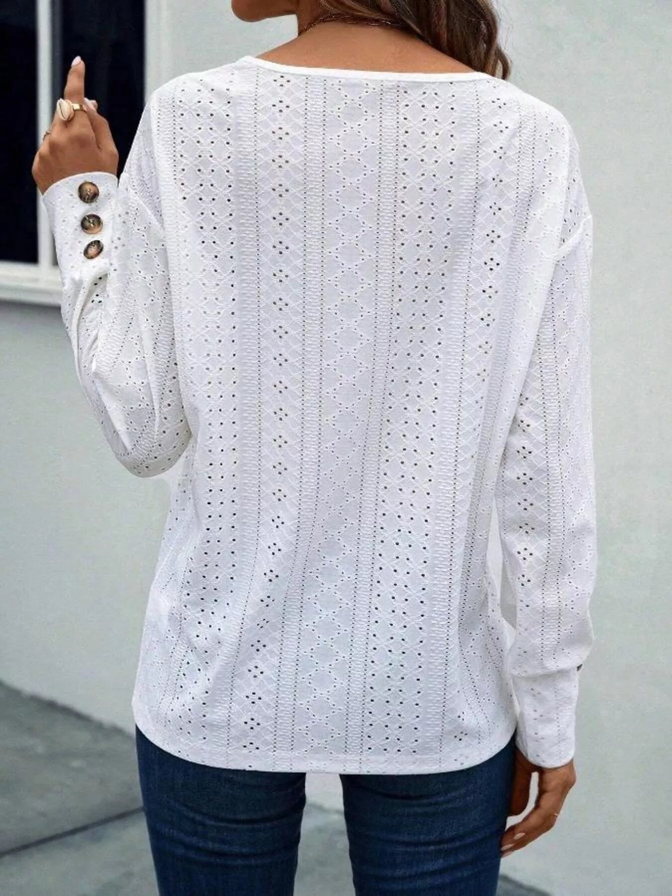 Eyelet V-Neck Long Sleeve Blouse 