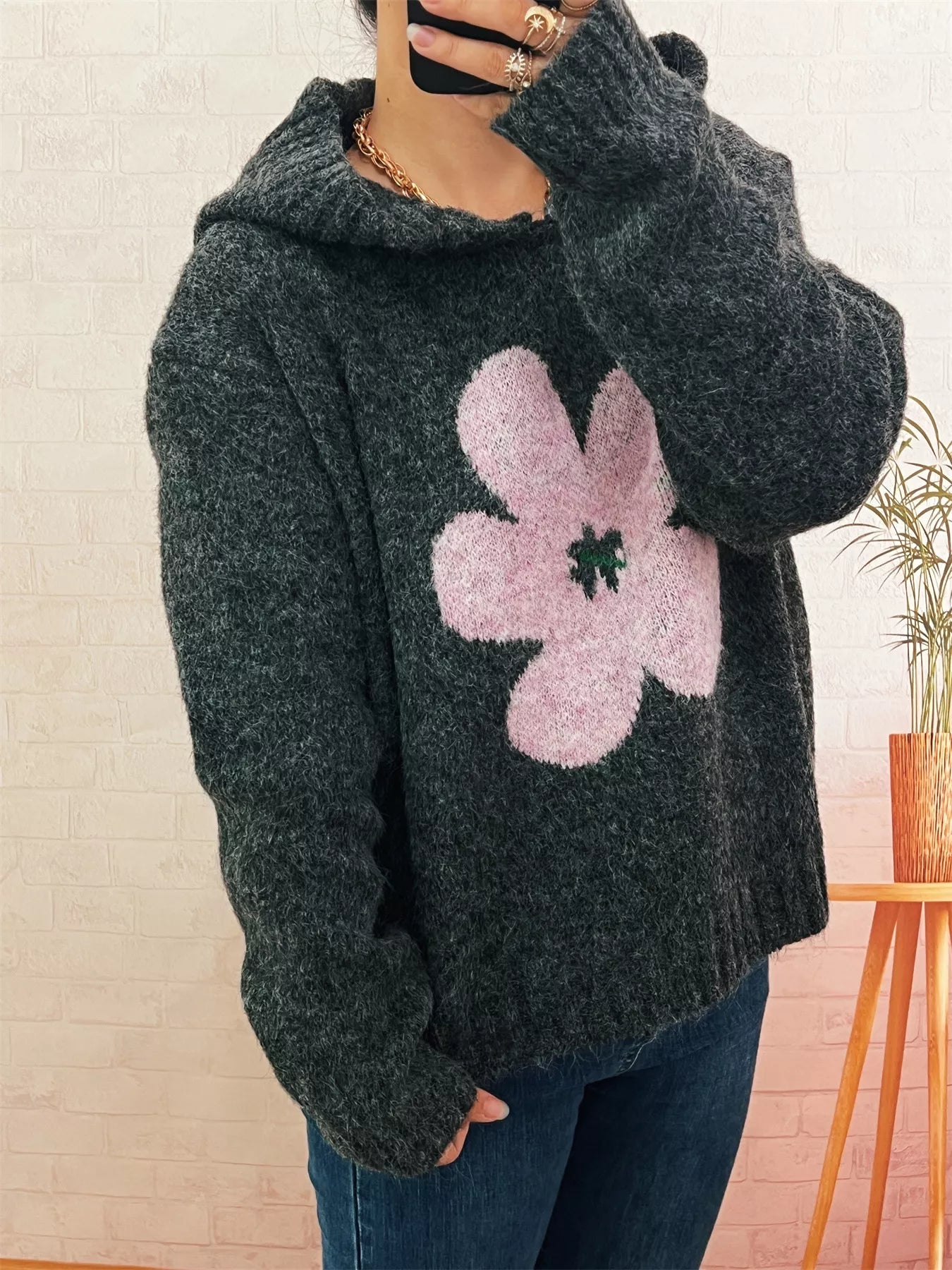 Flower Long Sleeve Hooded Sweater 
