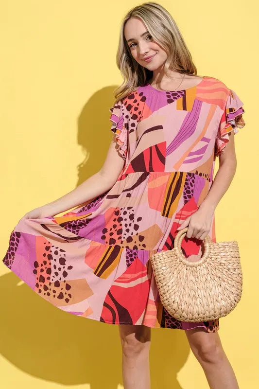 And The Why Printed Double Ruffles Sleeve Dress 