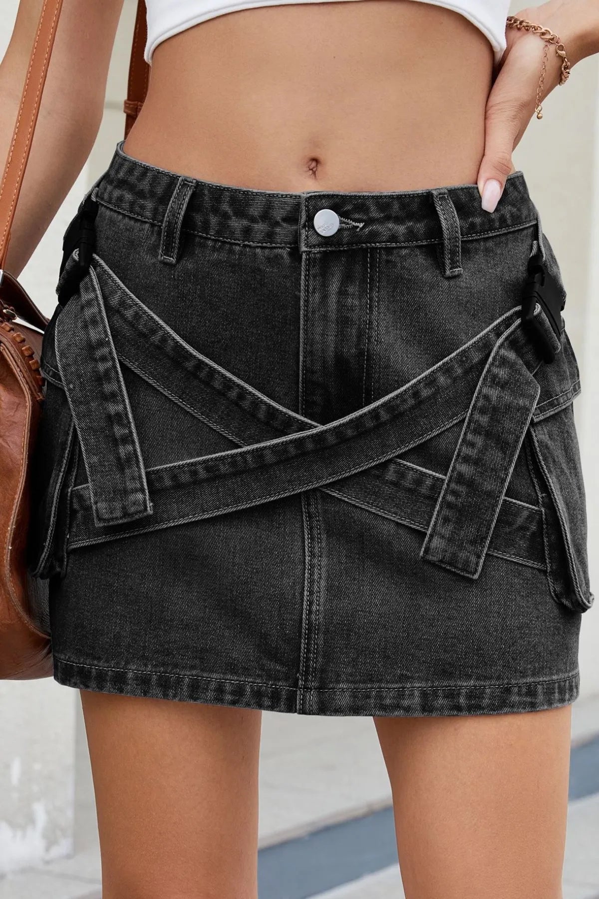 Criss-Cross Waist Detail Denim Mini Skirt 