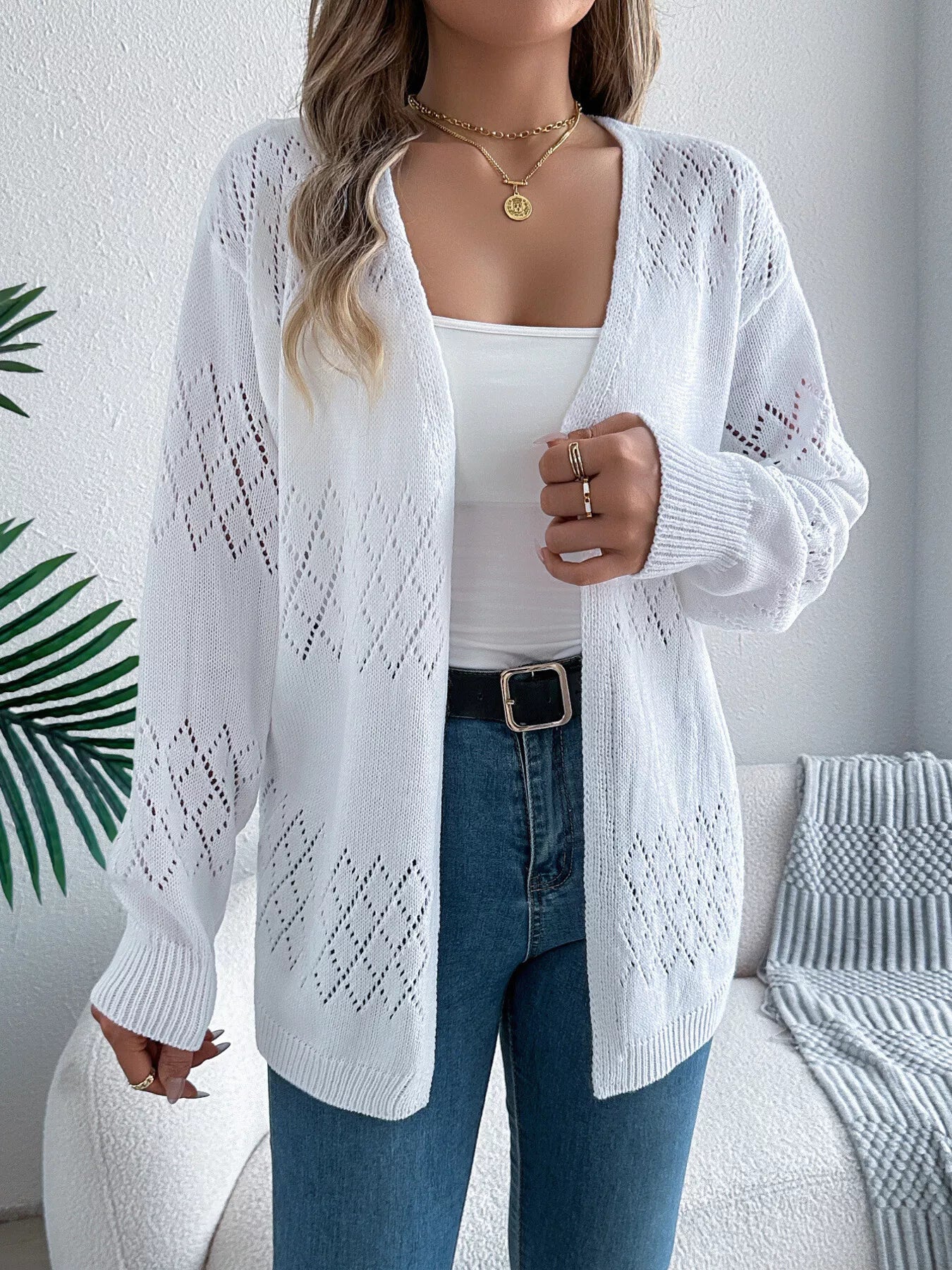 Openwork Open Front Long Sleeve Cardigan 