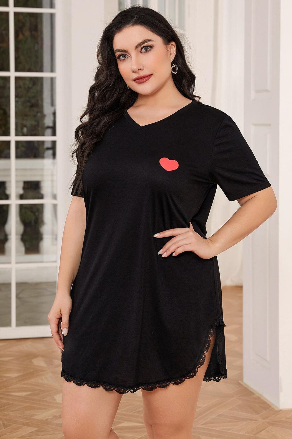 Plus Size Lace Trim V-Neck Short Sleeve Night Dress 