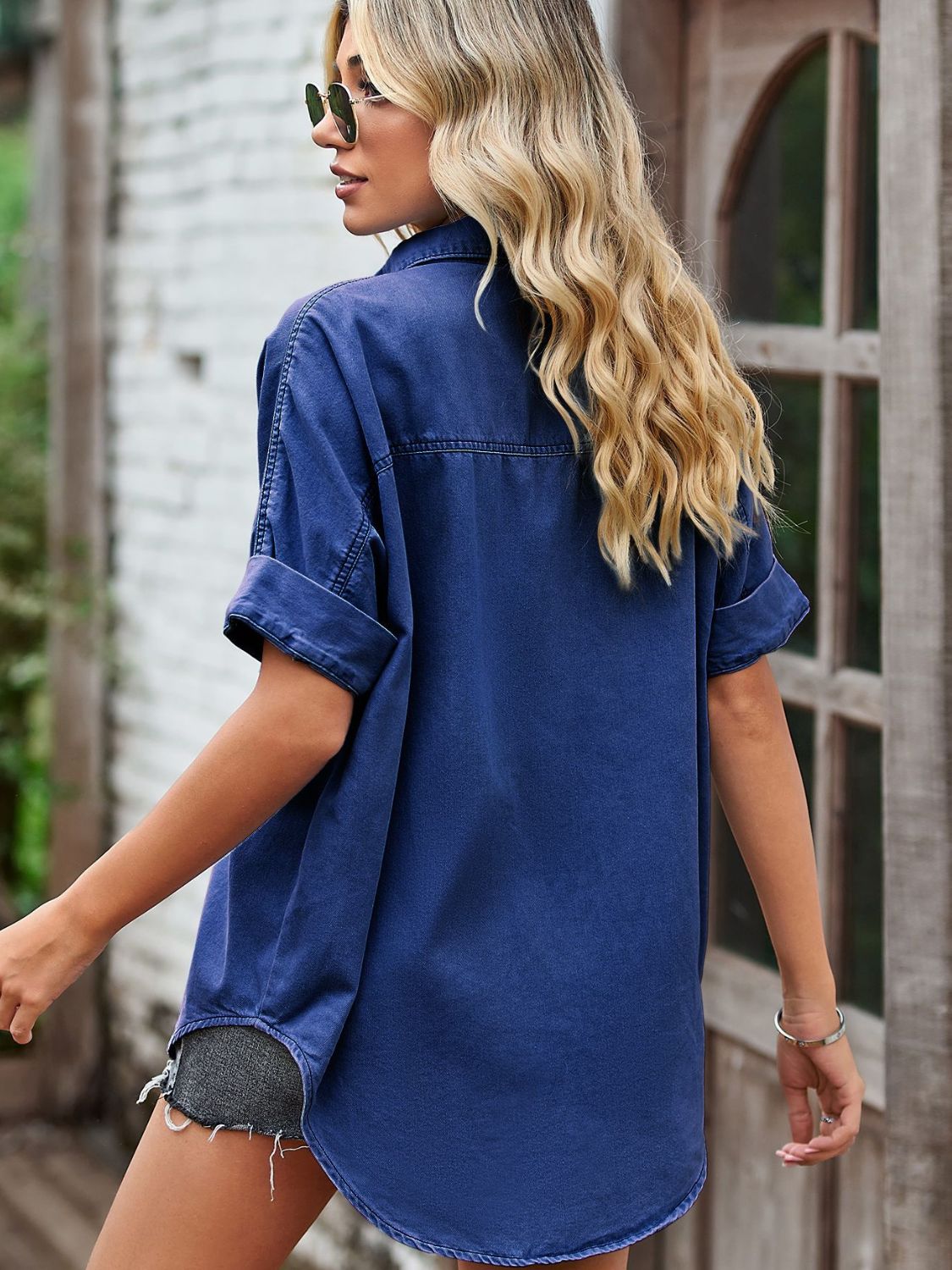 Short Sleeve Collared Neck Denim Shacket with Pockets 