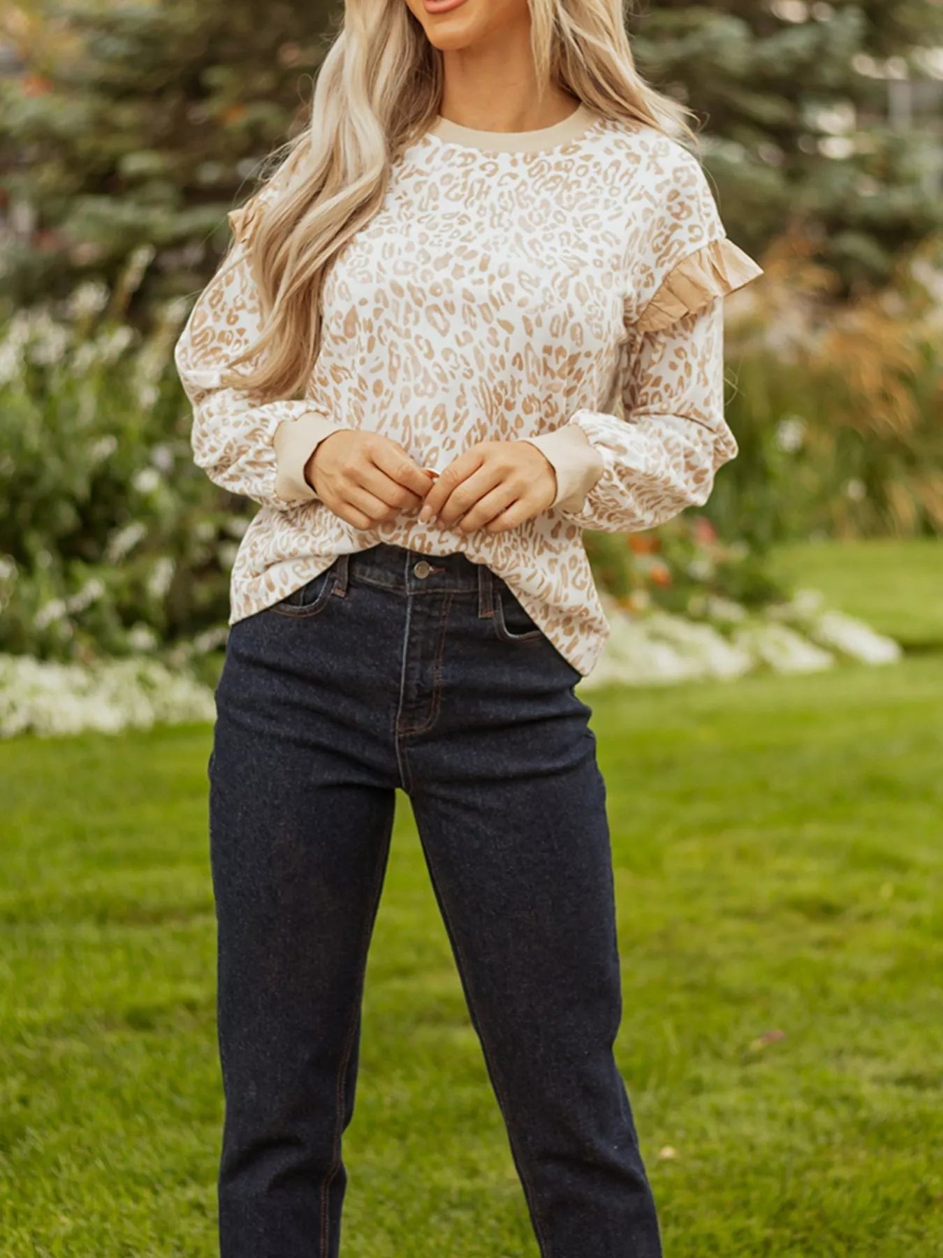 Leopard Ruffle Detail Ribbed Trim Round Neck Sweatshirt 