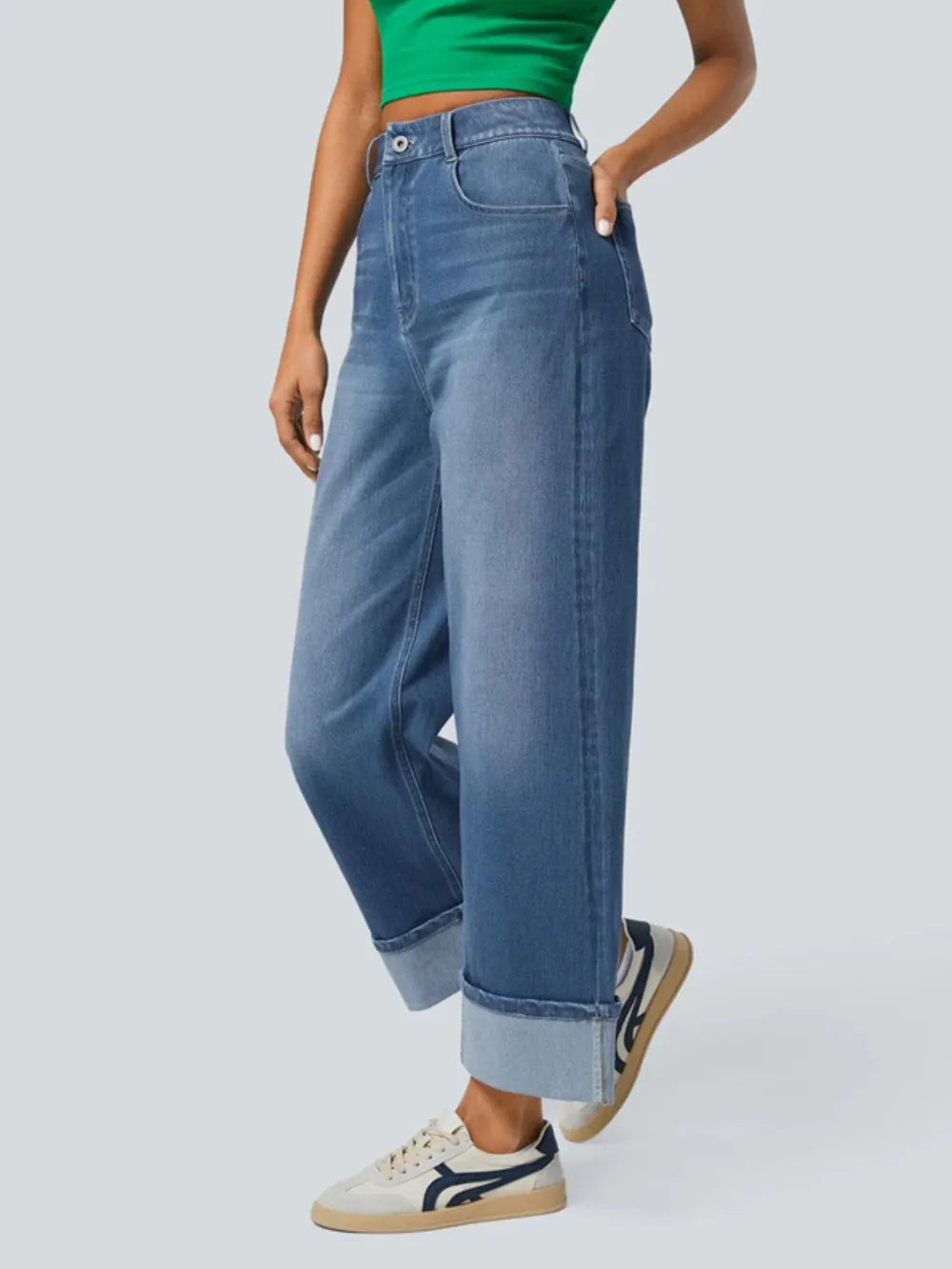 High Rise Rolled Straight Leg Jeans 