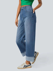 High Rise Rolled Straight Leg Jeans 