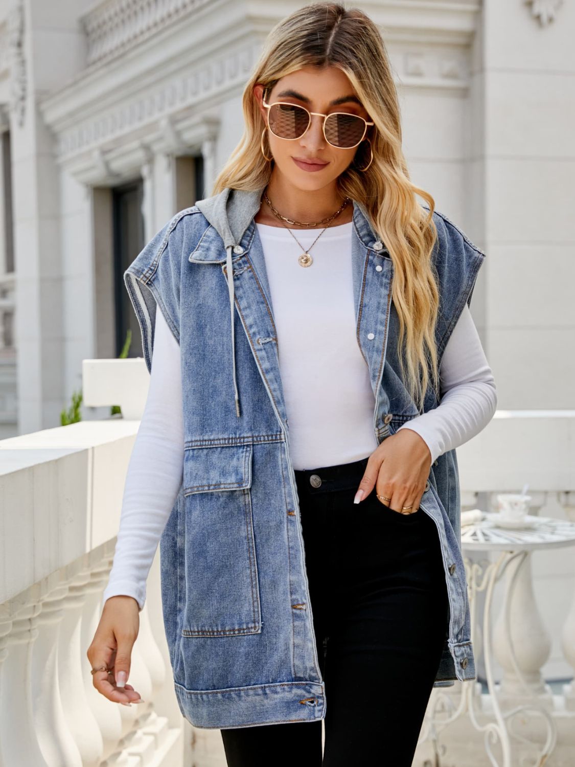 Hooded Sleeveless Denim Top with Pockets 