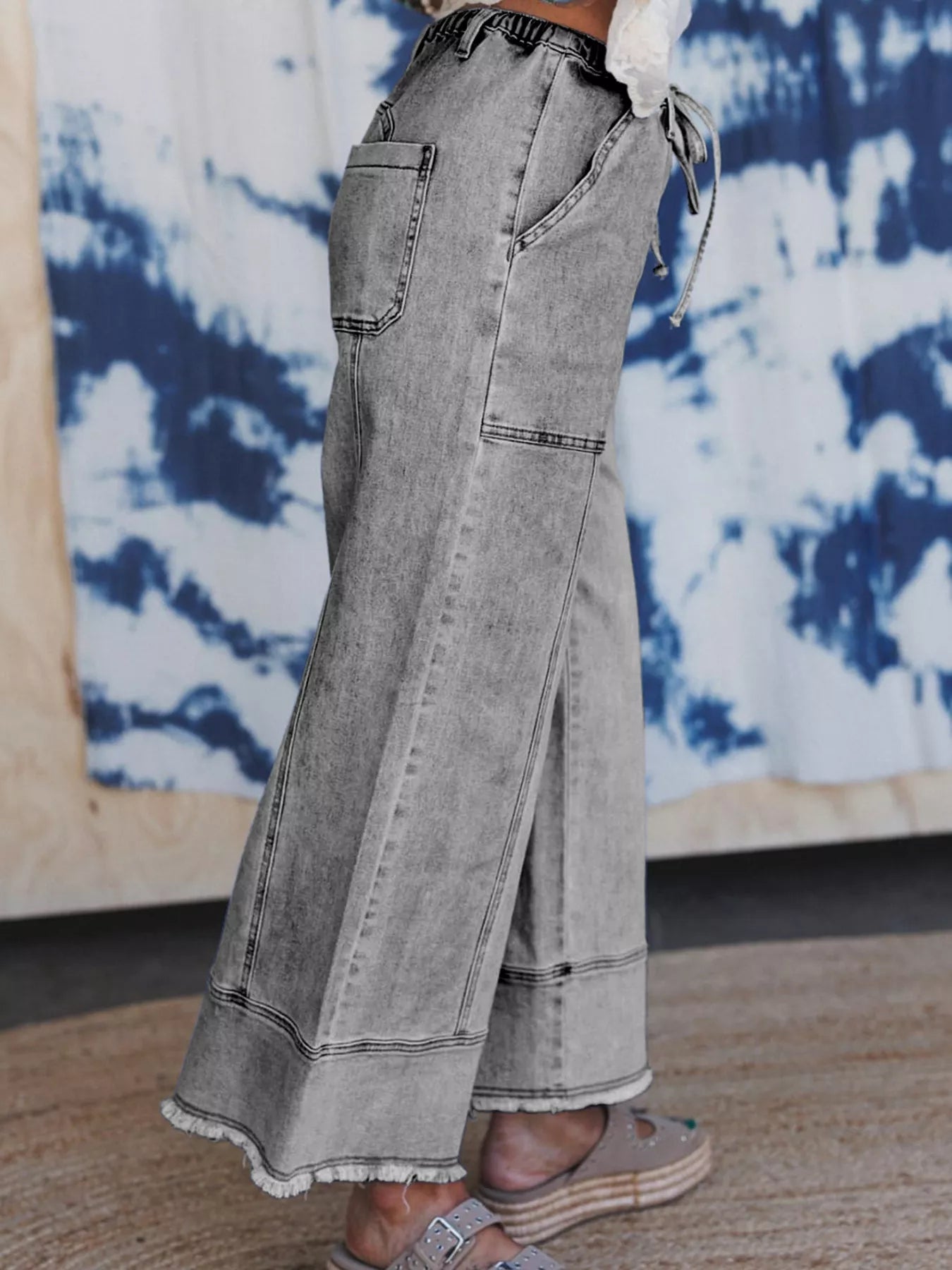 Wide Leg Drawstring Raw Hem Jeans 