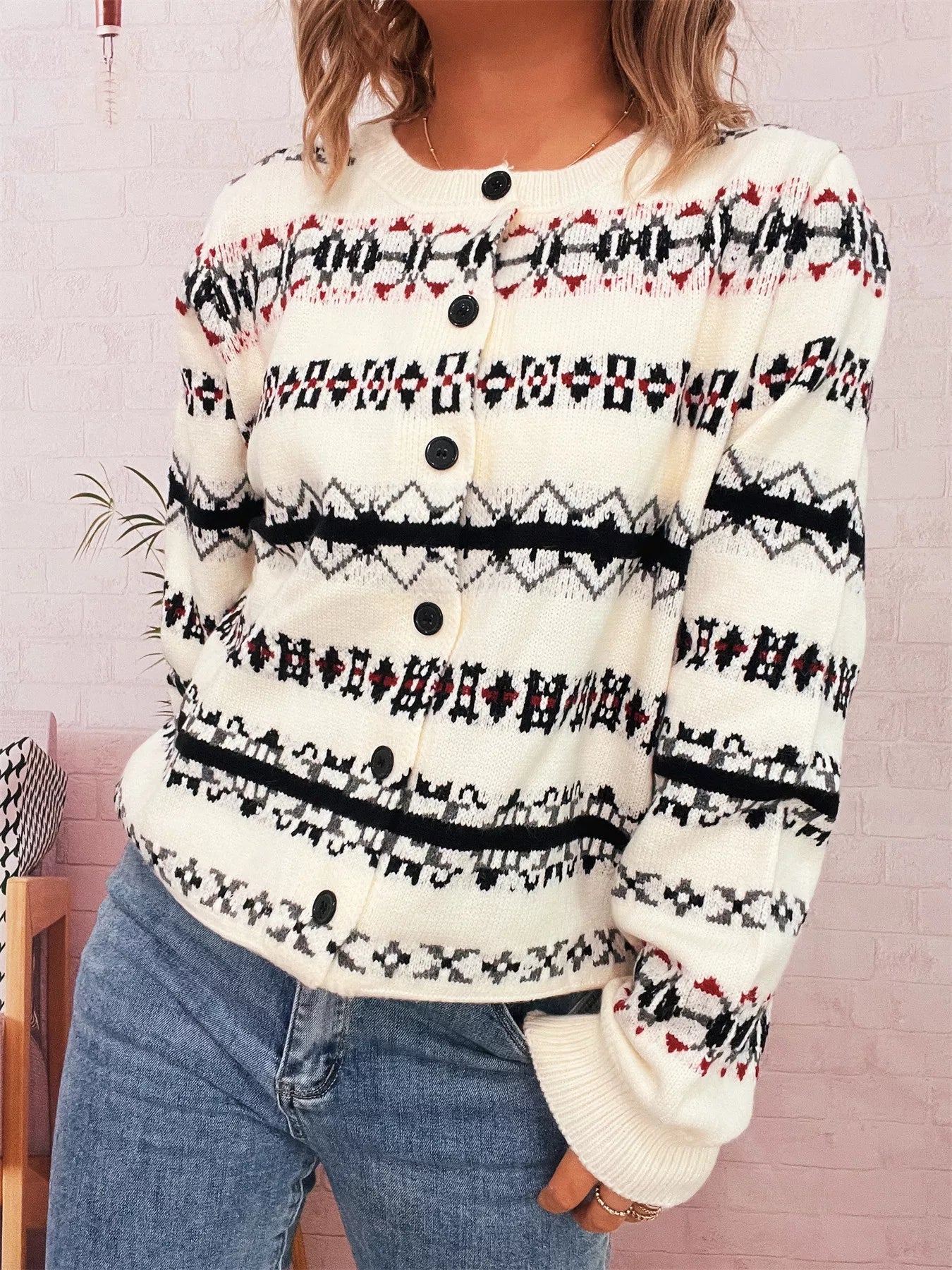 Vintage Pattern Button-Down Cardigan 