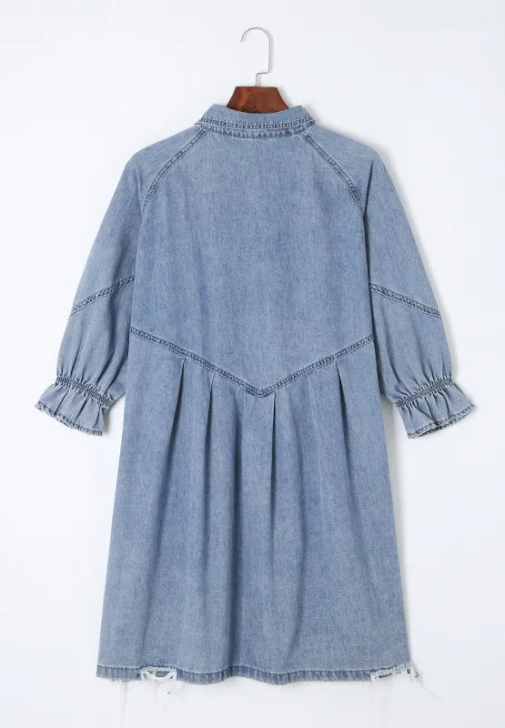 Distressed Collared Neck Flounce Sleeve Denim Dress 