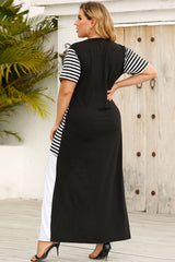 Plus Size Striped Color Block Round Neck Dress 