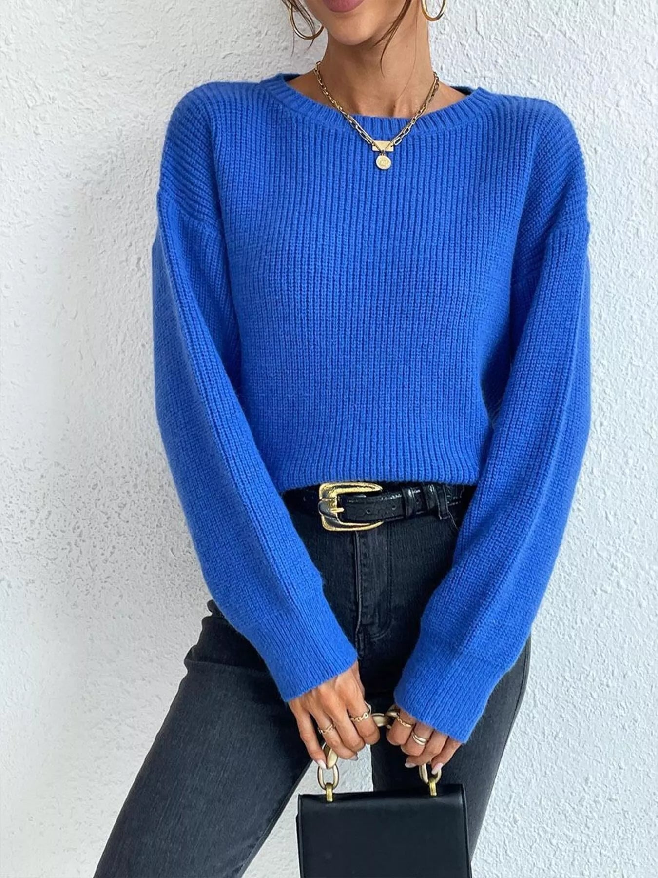 Ribbed Knit Dropped Shoulder Sweater 