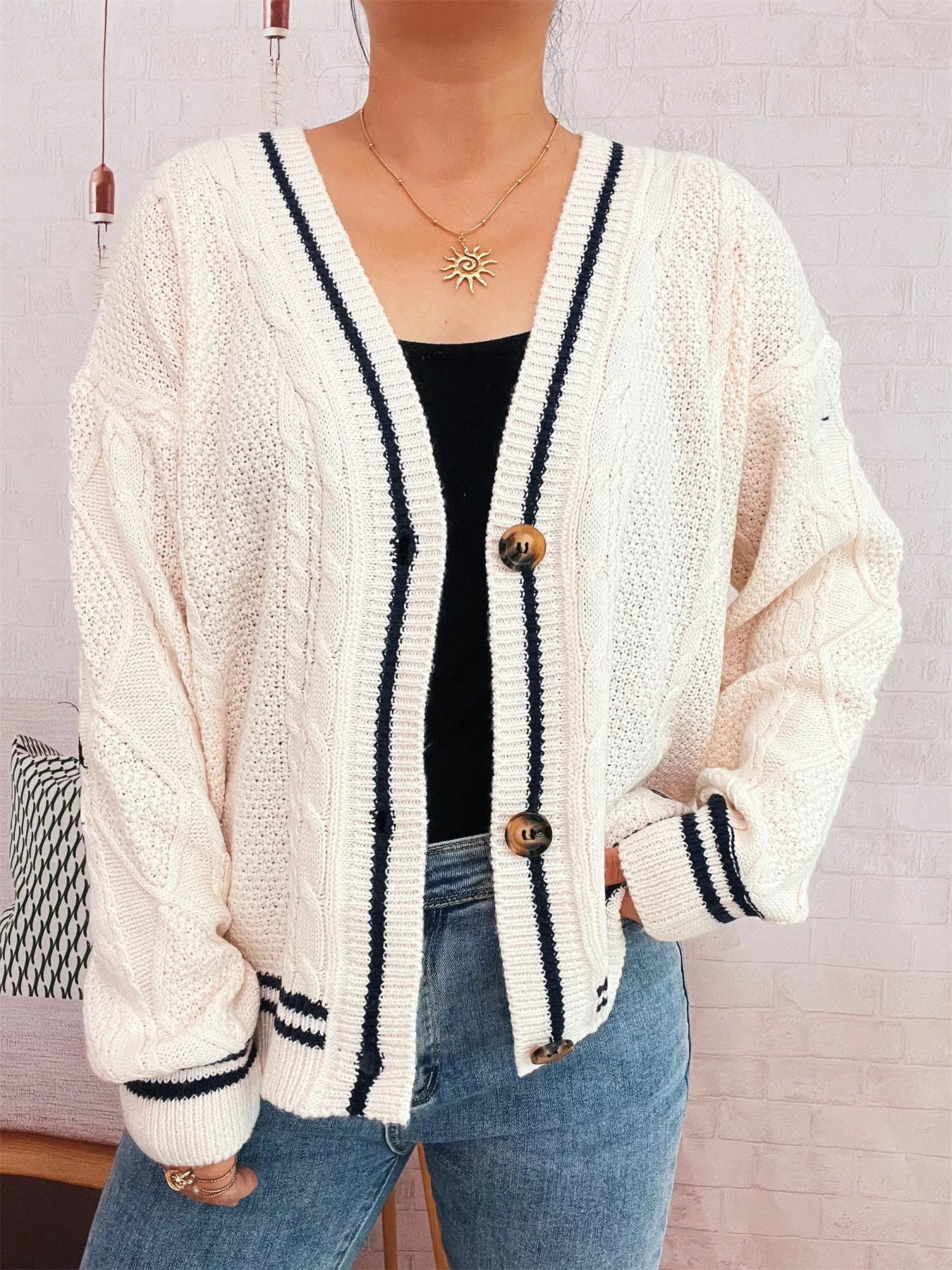 Star Pattern Button-Up Cardigan with Contrast Trim 