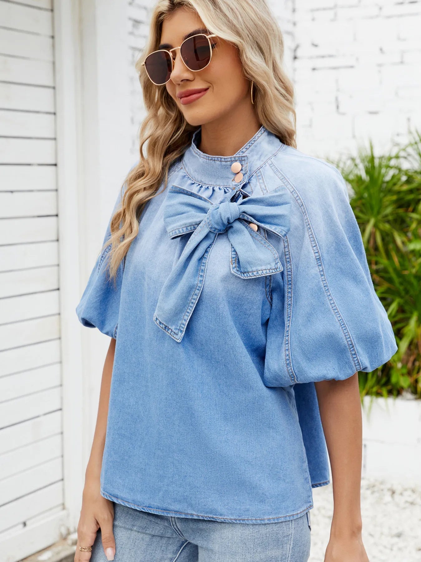 Denim Bow Tie Puff Sleeve Top 