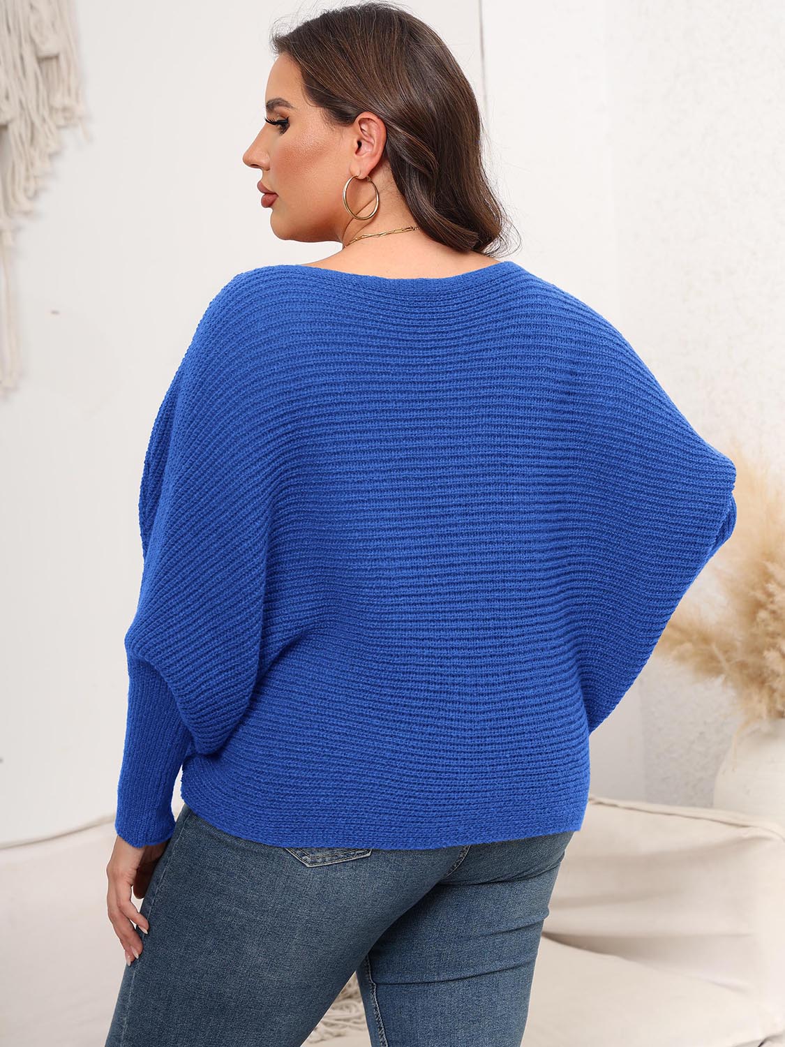 Full Size Boat Neck Batwing Sleeve Sweater 