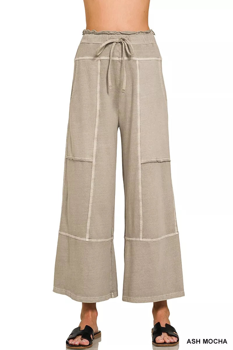Zenana French Terry Washed Exposed-seam Wide Leg Pants 