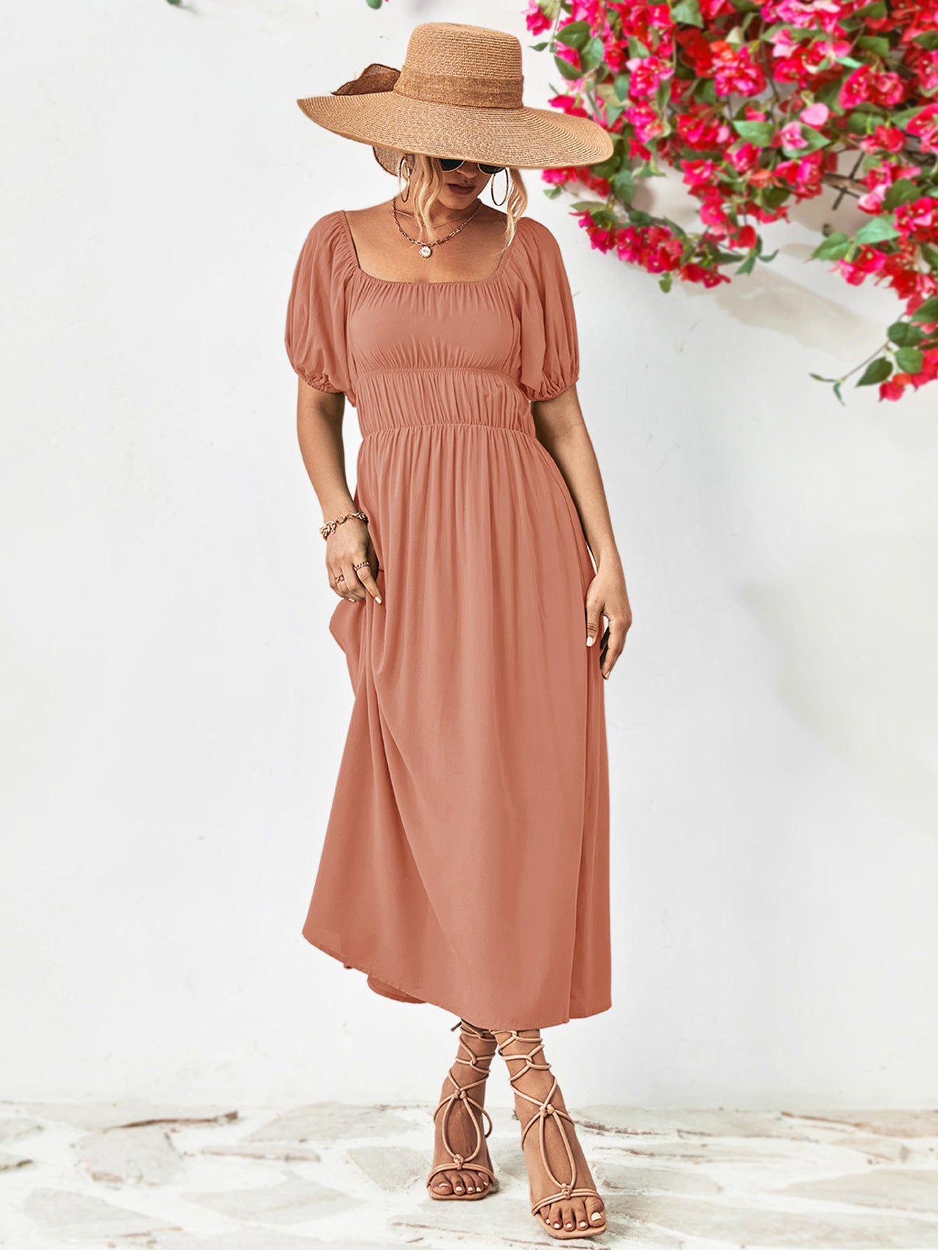 Off-Shoulder Balloon Sleeve Midi Dress 