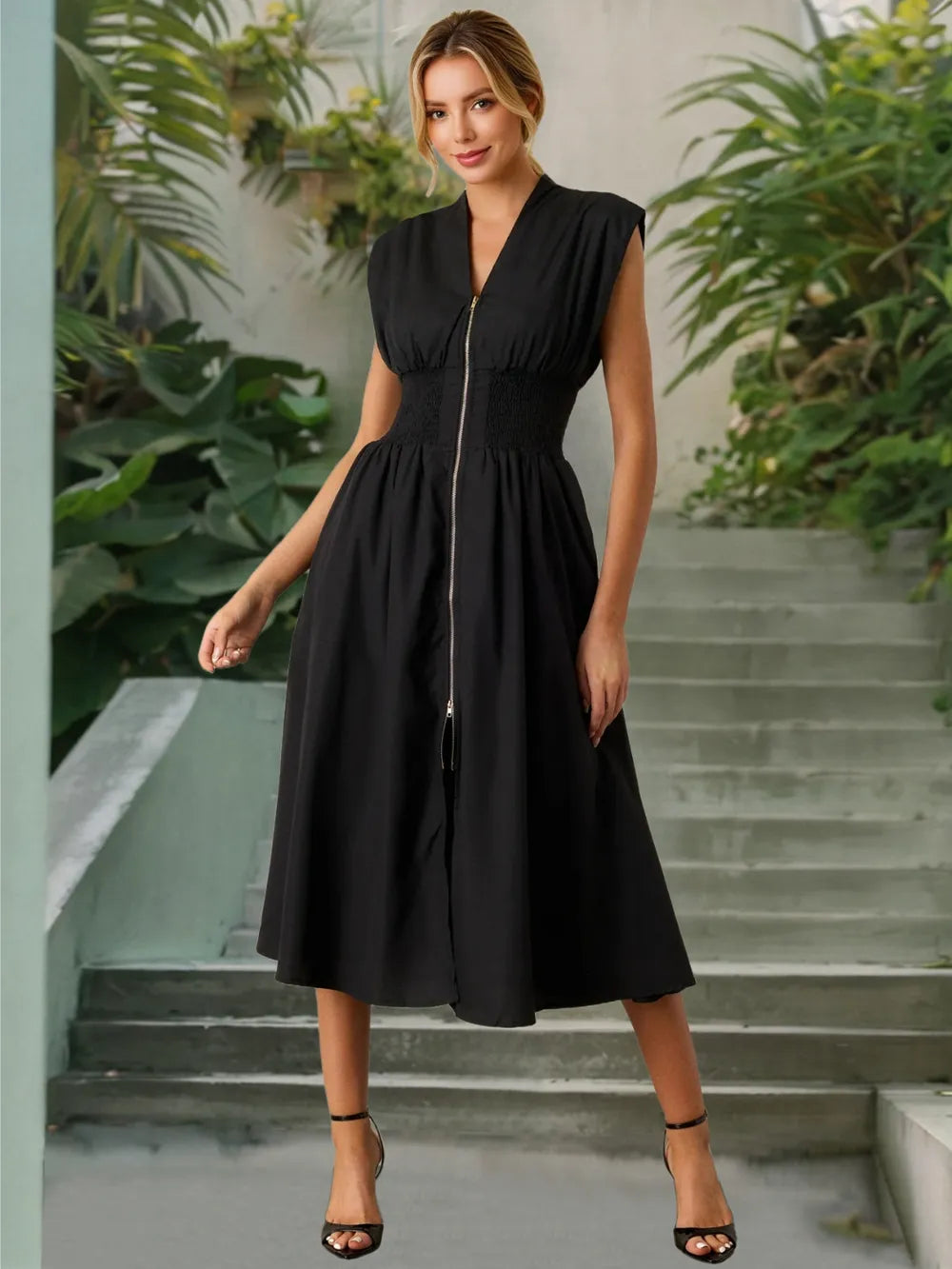 Smocked Zip Front Cap Sleeve Dress 