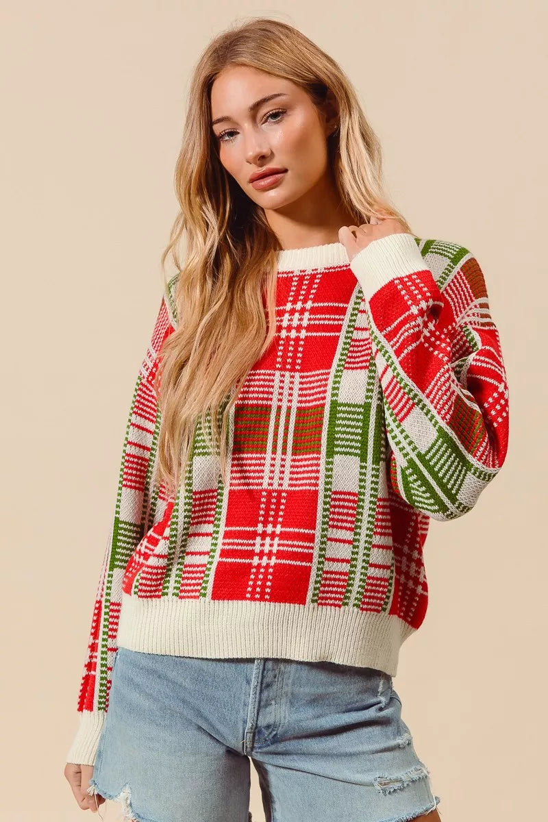 SO ME Christmas Color Checkered Plaid Crew Neck Sweater 