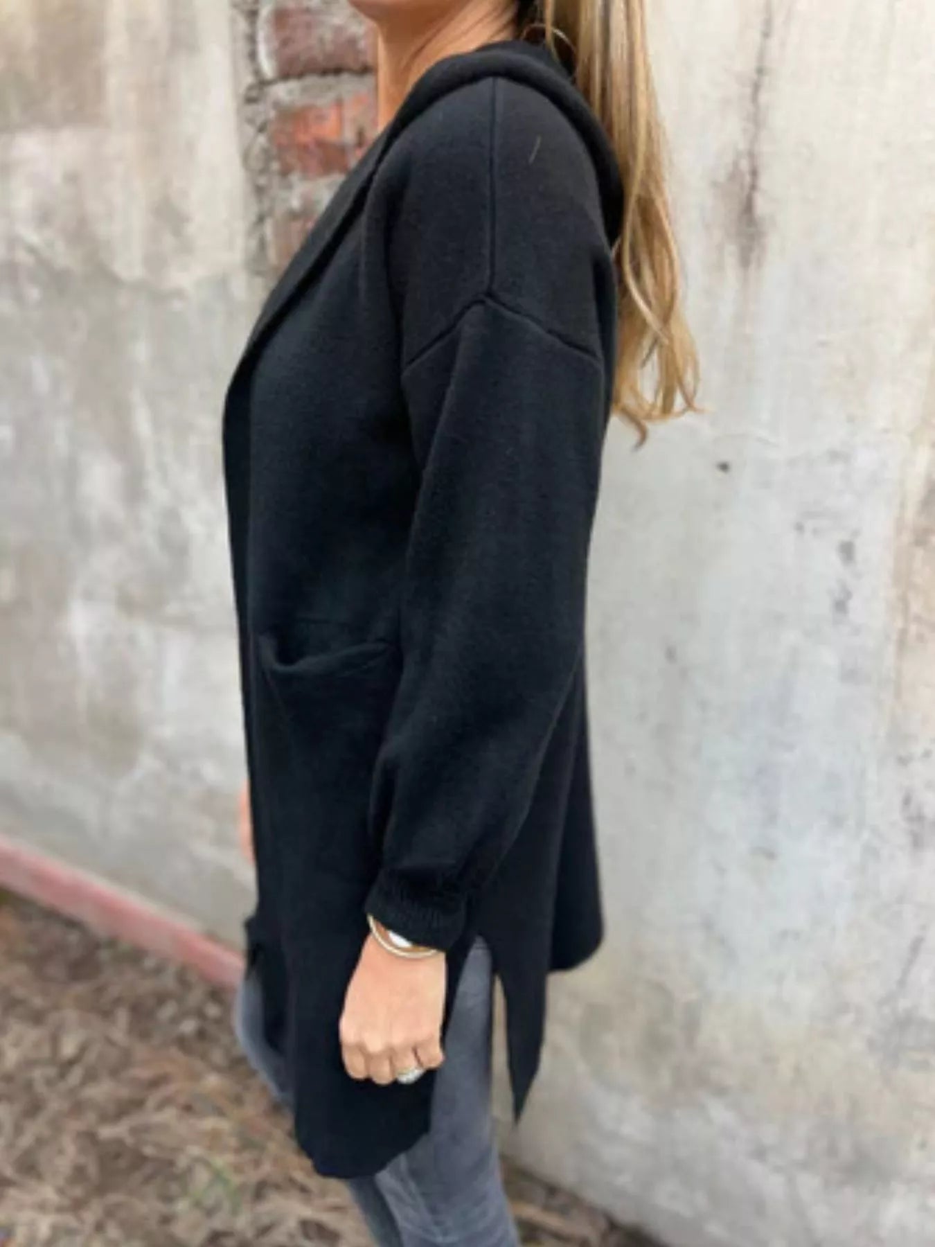 Full Size Open Front Drop Shoulder Hooded Cardigan Plus Size 