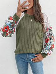 Perfee Printed Round Neck Long Sleeve Knit Top 