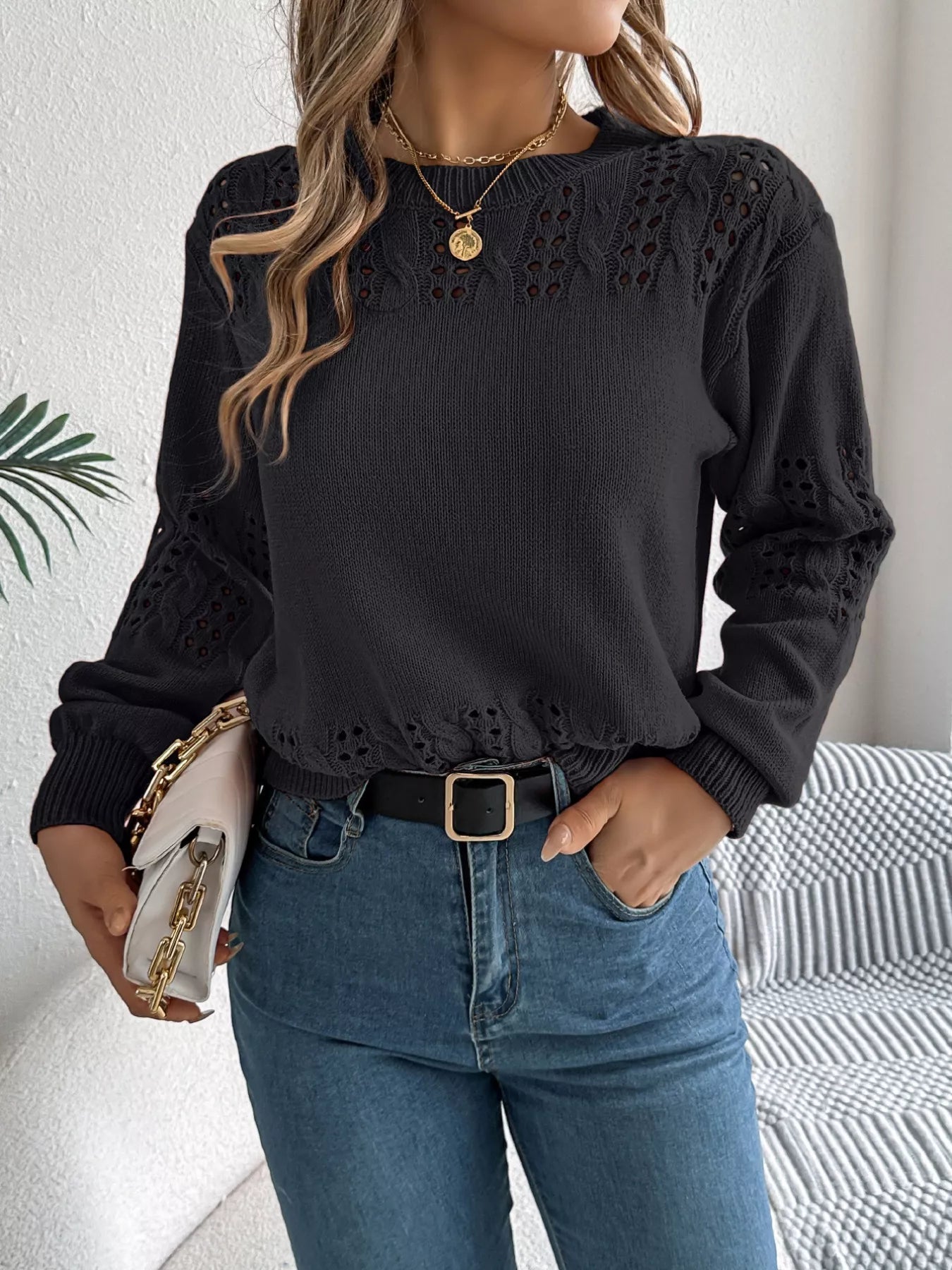 Hollow Out Eyelet Long Sleeve Sweater 