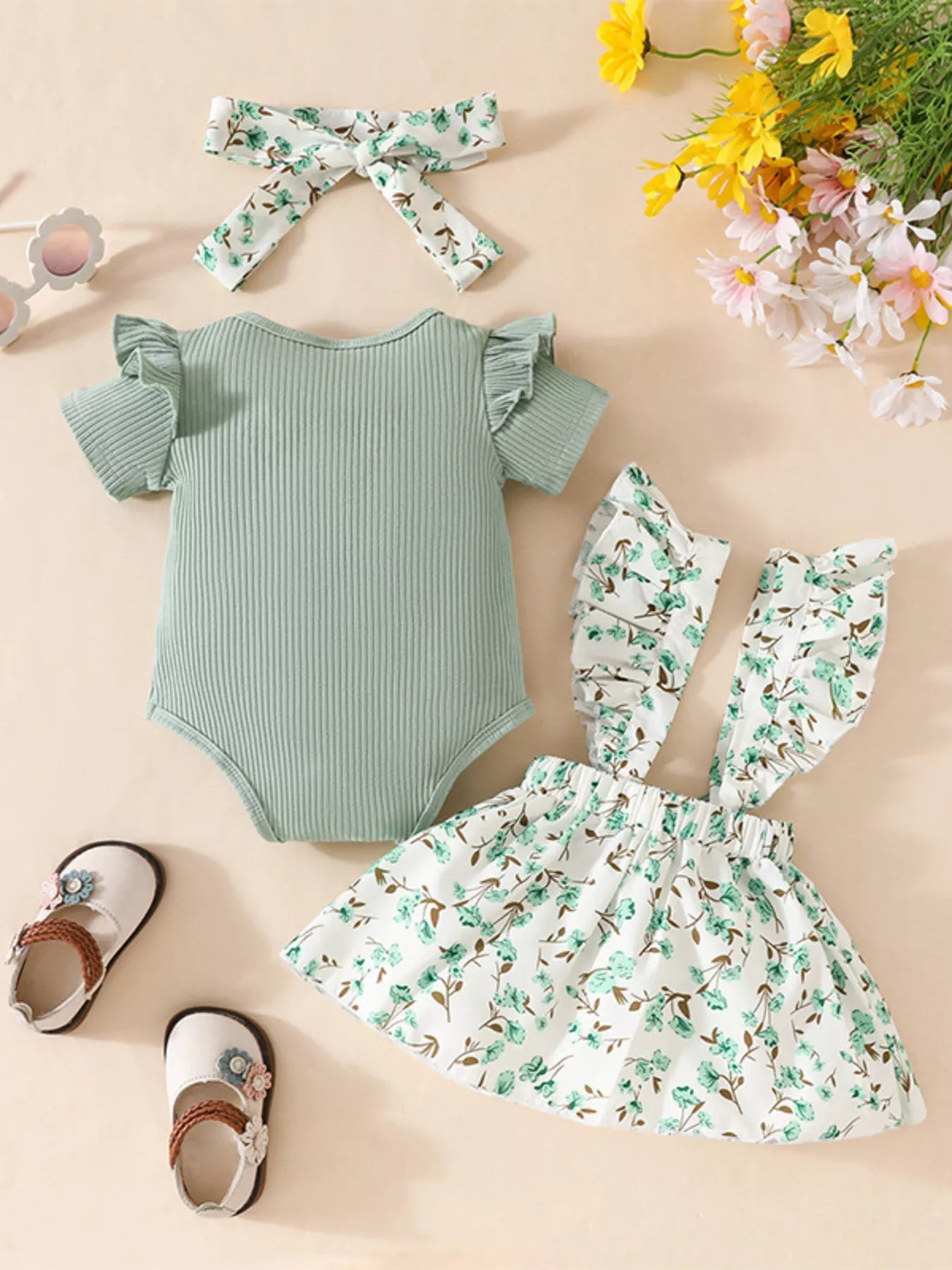 Children's Floral Print Ruffle Trim Baby Set with Headband 