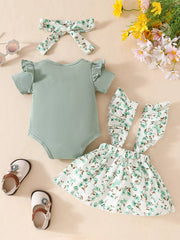 Children's Floral Print Ruffle Trim Baby Set with Headband 