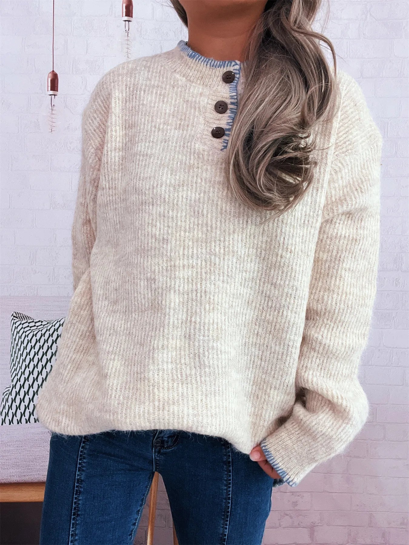 Ribbed Button Detail Long Sleeve Sweater 