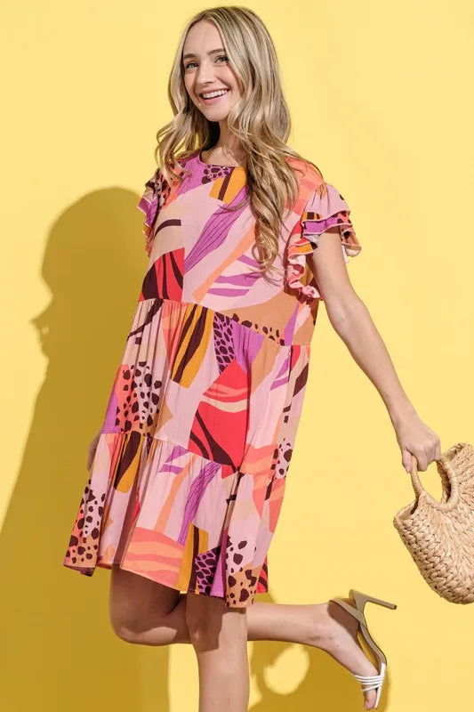 And The Why Printed Double Ruffles Sleeve Dress 