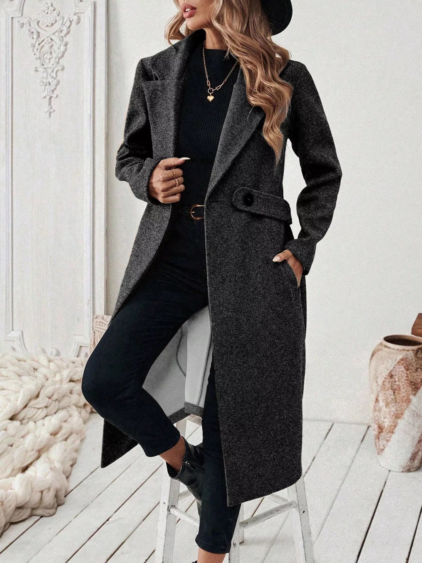 One Button Wool Blend Overcoat 