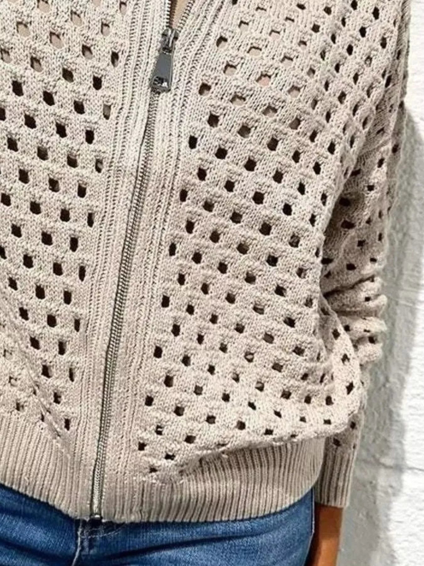 Full Size Zip Up Long Sleeve Cardigan with Eyelet Detail Plus Size 
