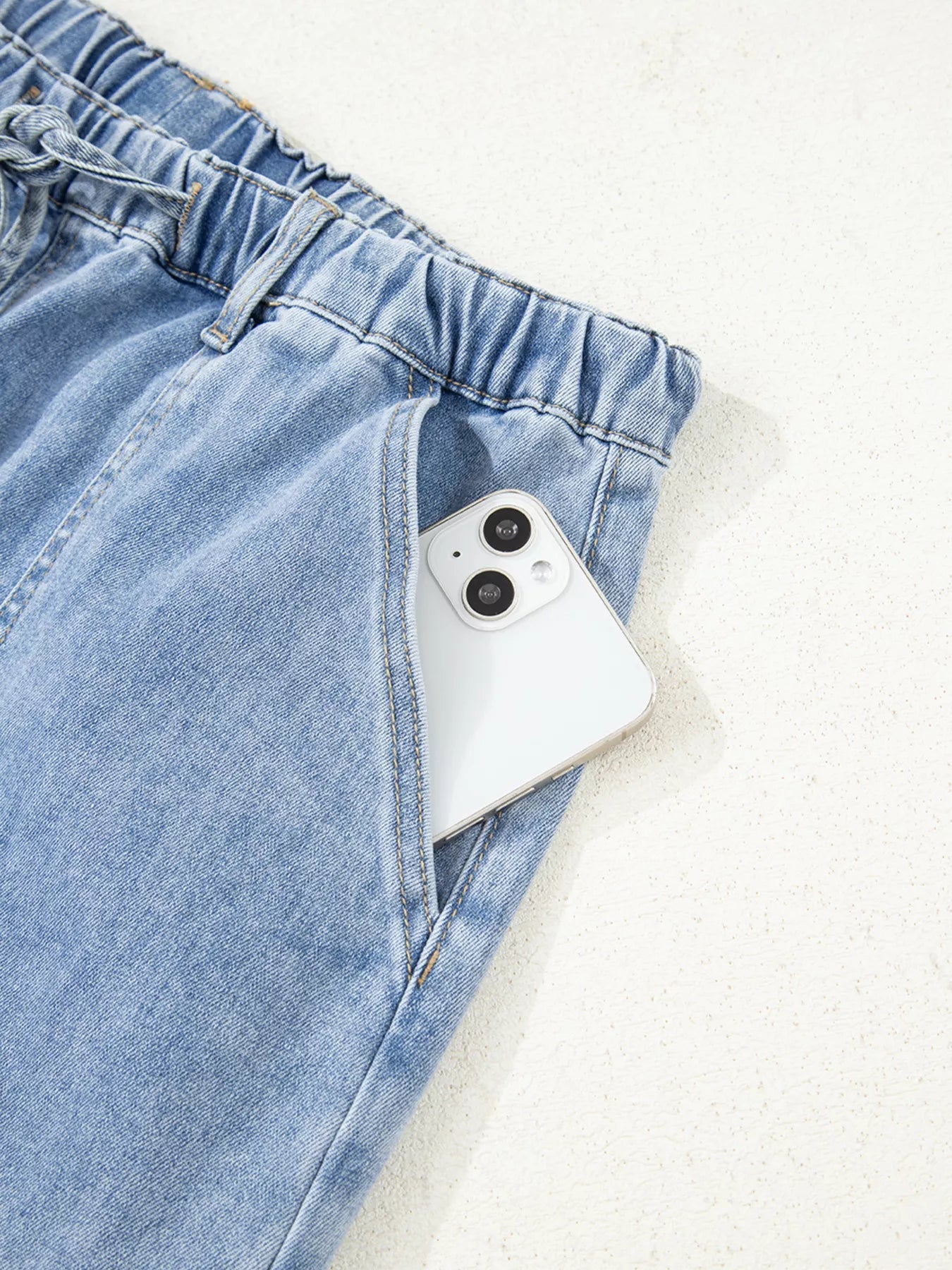 Wide Leg Drawstring Raw Hem Jeans 