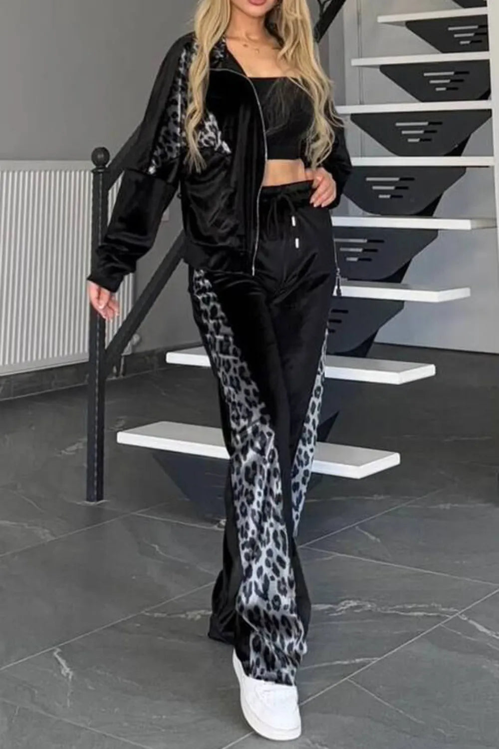 Full Size Collared Neck Leopard Zip Up Top and Pants Set Plus Size 