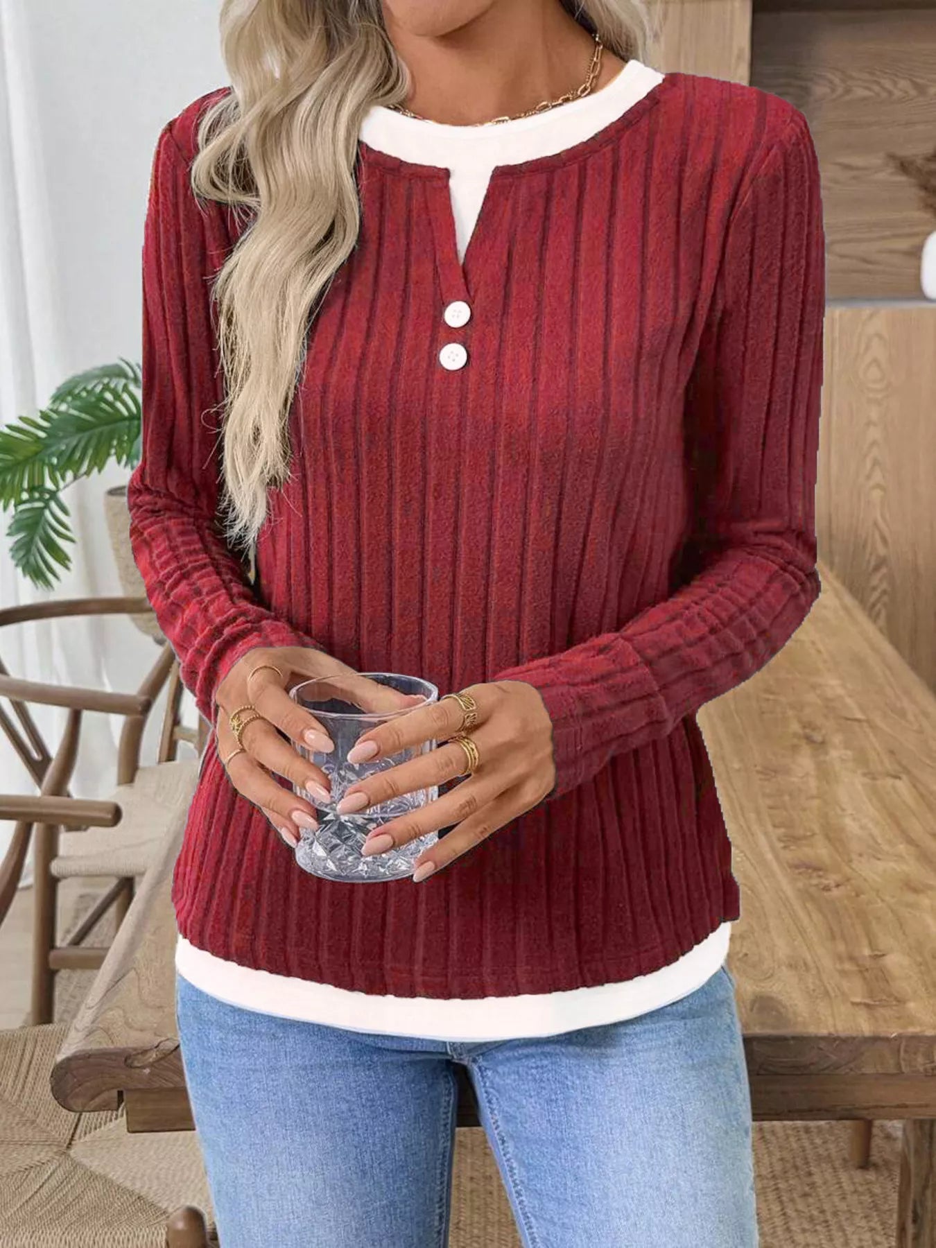 Ribbed Knit Button Detail Contrast Sweater 
