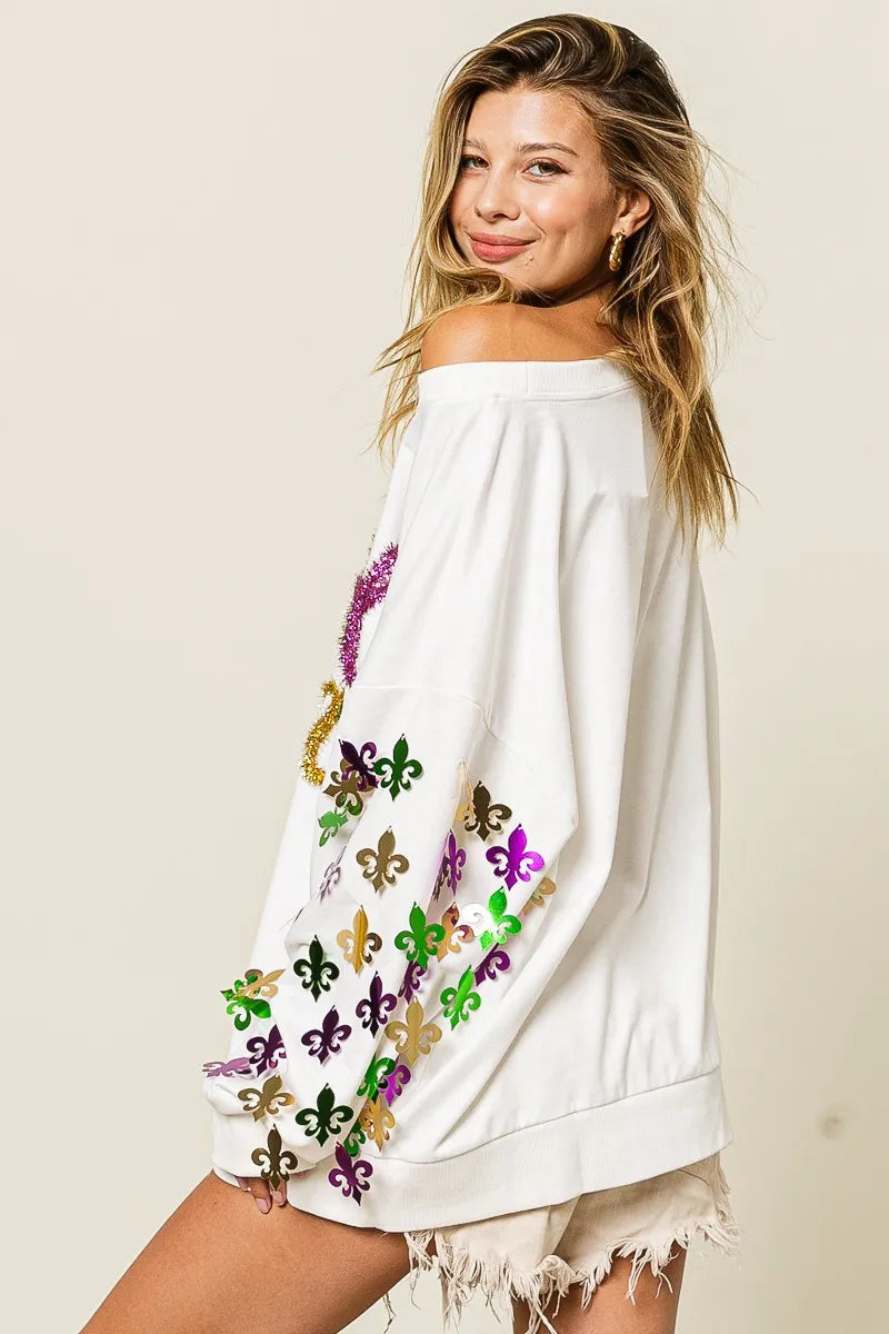 BiBi Fleur De Lis Sleeve Mardi Gras Pullover 