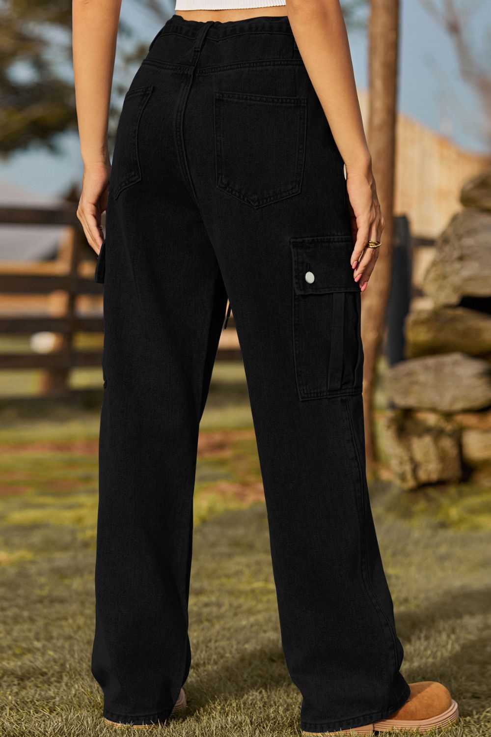 Loose Fit Drawstring Jeans with Pocket 