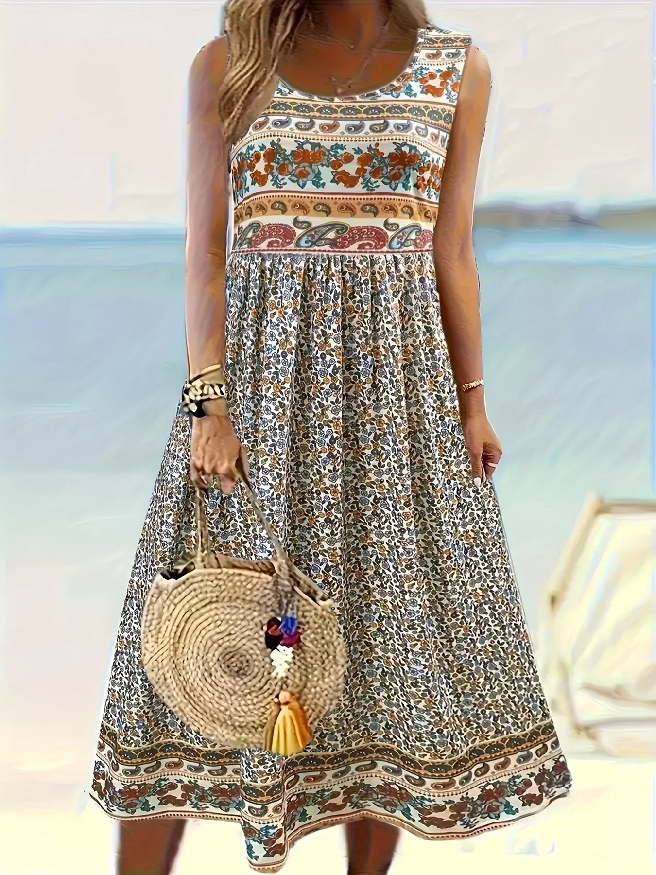 Plus Size Floral Print Sleeveless Midi Dress 