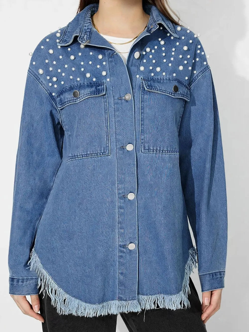 Raw Hem Pearl Trim Collared Neck Denim Top 