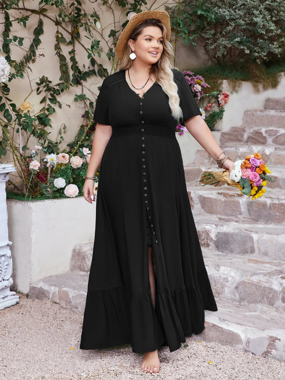 Plus Size Ruffled Hem Button Down V-Neck Short Sleeve Maxi Dress 