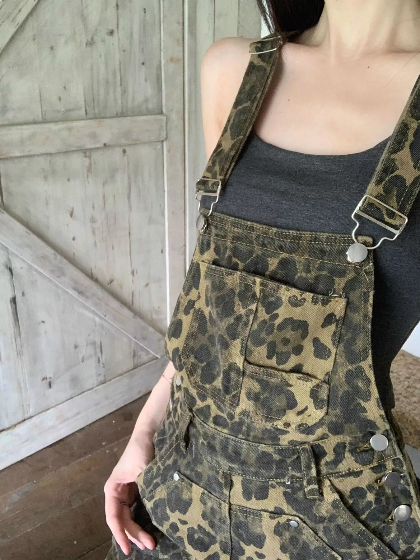 Leopard Print Denim Overall Dress 