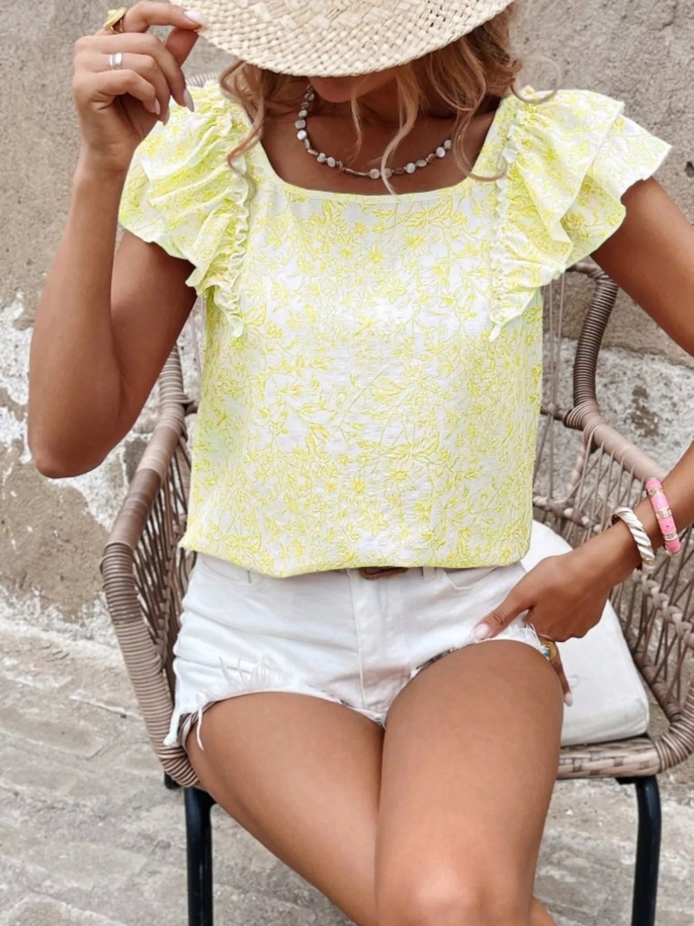Floral Print Ruffle Trim Blouse 