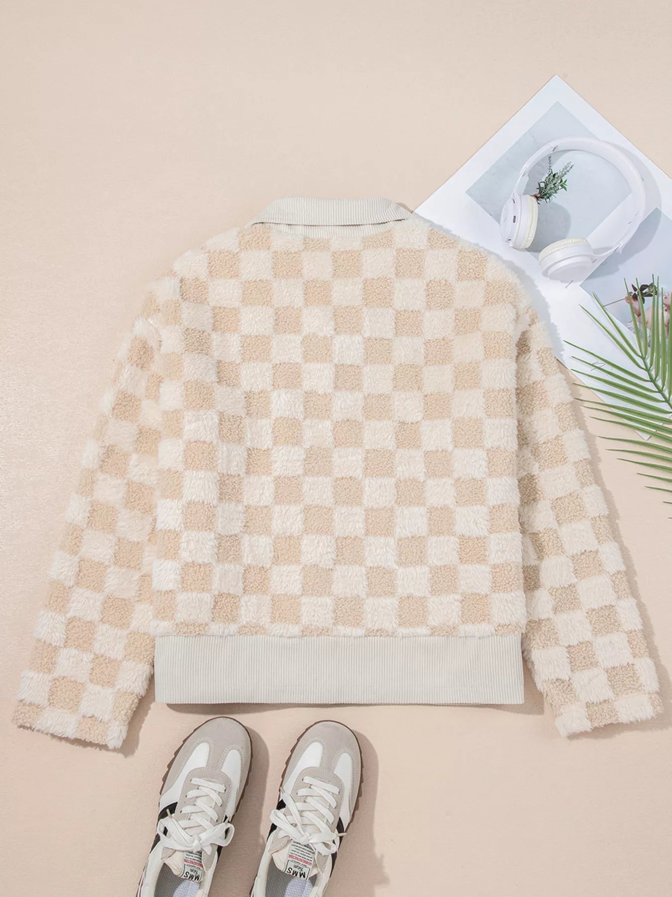 Checker Sherpa Corduroy Patchwork Zip Up Jacket 